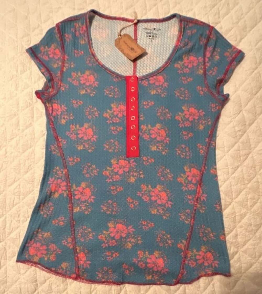 Natural Life Thermal Top Blue Floral Henley Shirt